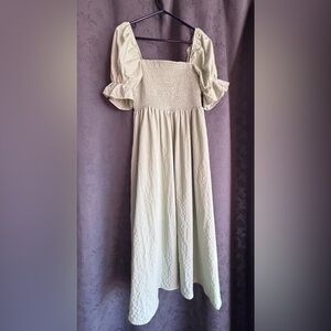 Altar'd State Pale Sage Smocked Midi Dress with Ruffle Sleeves
